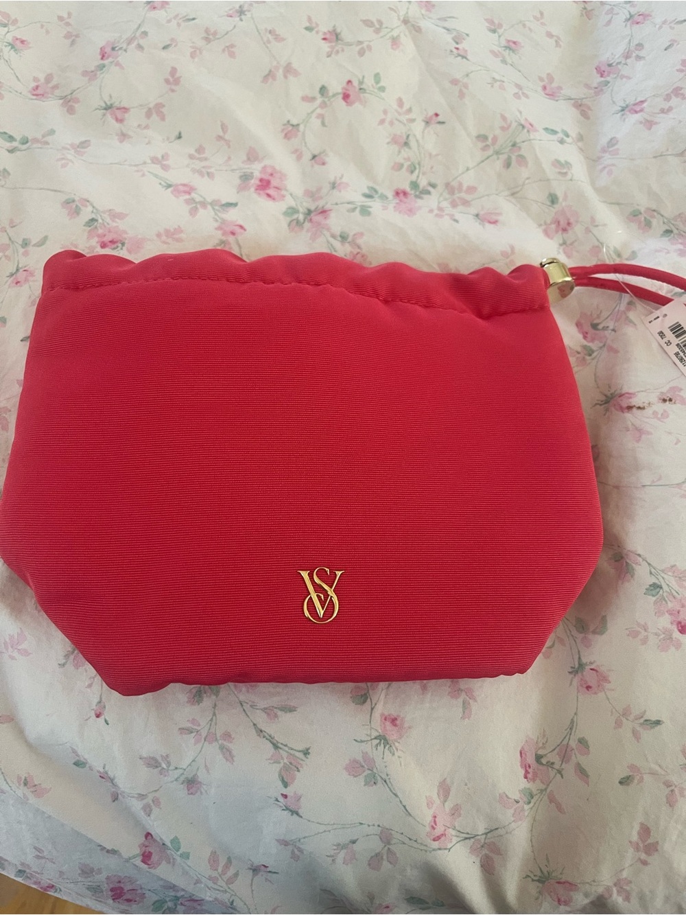 Victoria's Secret Red Drawstring Cosmetic Pouch with Gold Logo.